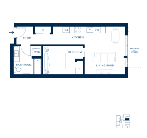 Floor plan for 1 bed, 1 bath, 552 sqft